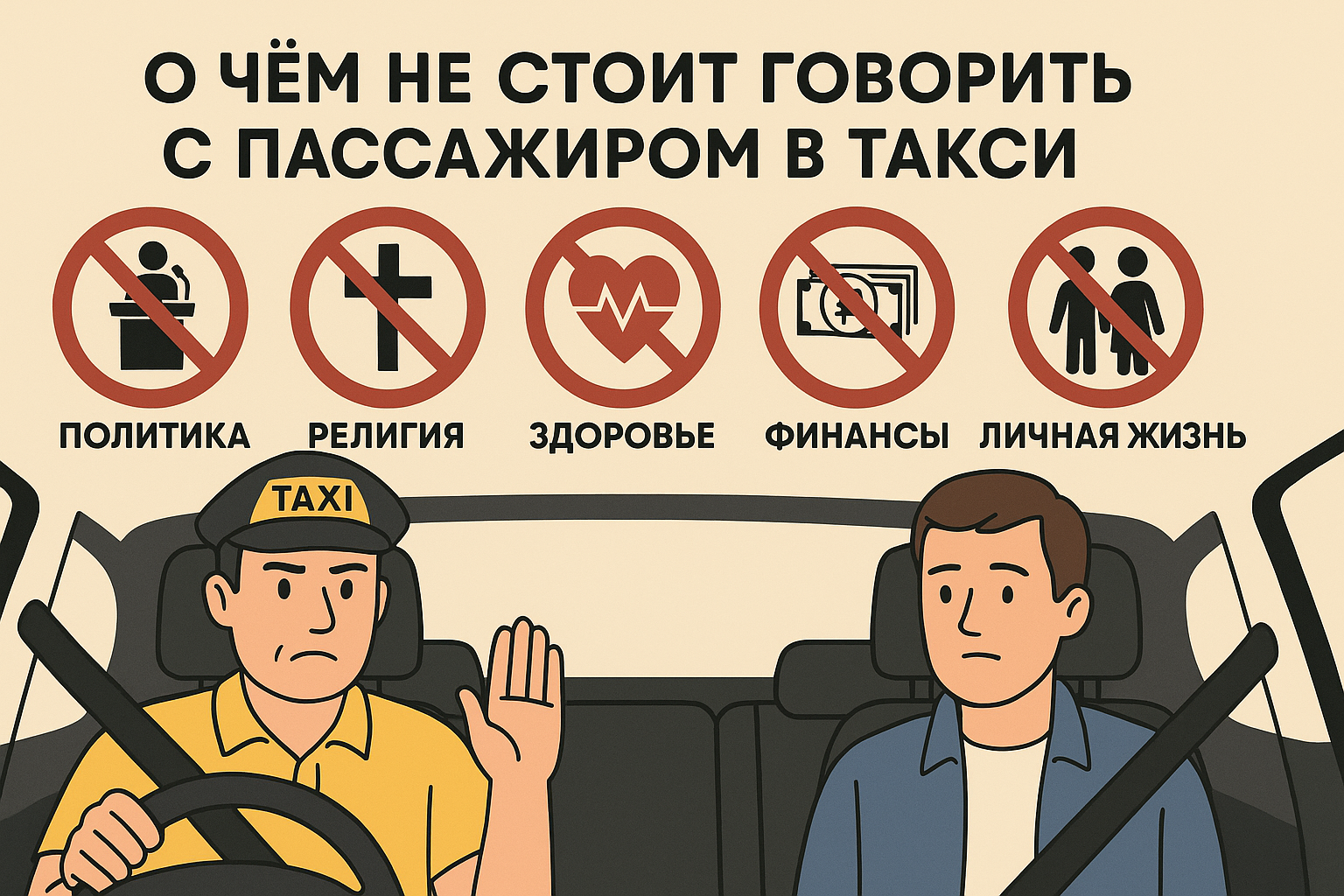Таксист и пассажир едут молча, над ними иконки тем «политика», «религия», «личное» с перекрестием.