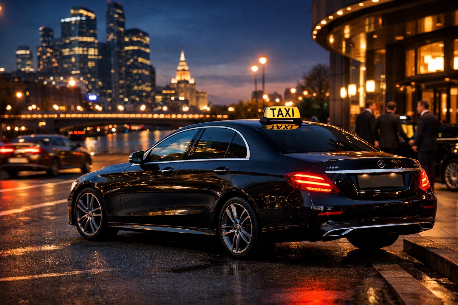 Бизнес-седан такси в вечернем городе
